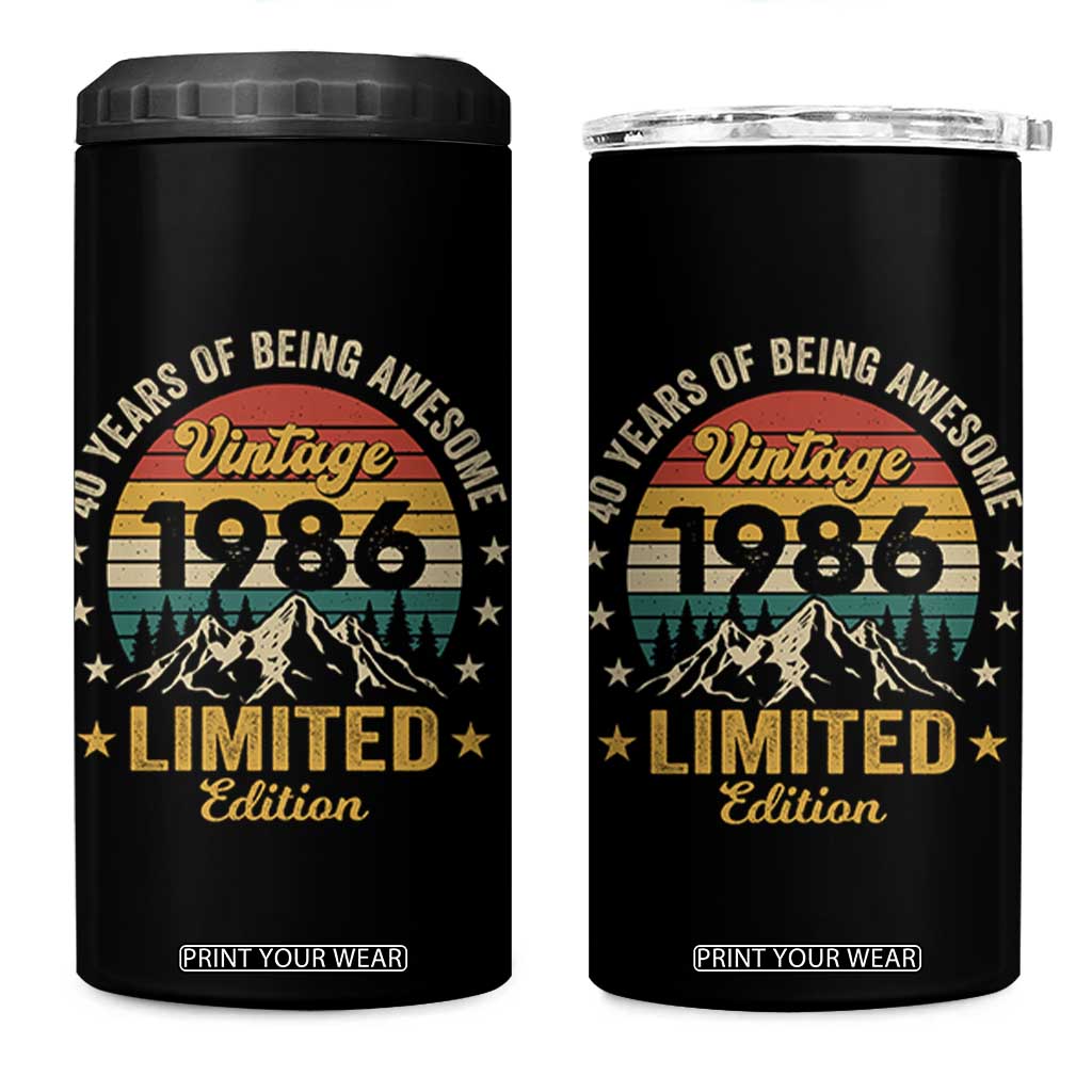 40th Birthday 4 in 1 Can Cooler Tumbler Vintage 1986 Limited Edition Retro 40 Years Of Being Awesome Mountain TS11 One Size: 16 oz Black Print Your Wear