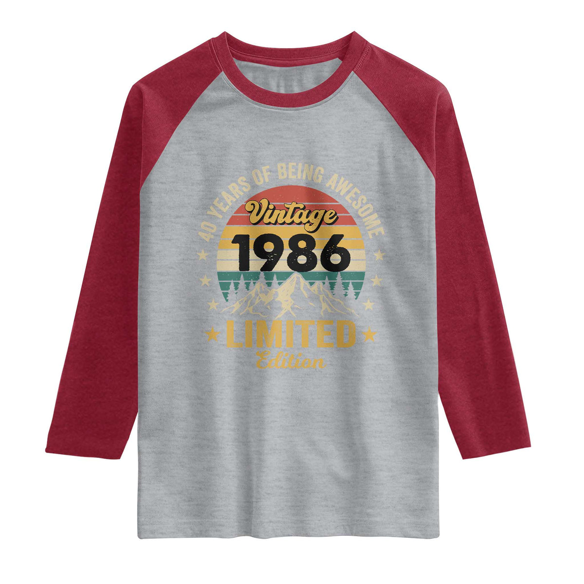 40th Birthday Raglan Shirt Vintage 1986 Limited Edition Retro 40 Years Of Being Awesome Mountain TS11 Heather Gray Heather Red Print Your Wear
