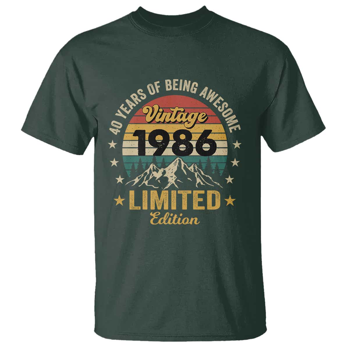 40th Birthday – Vintage 1986 Retro Mountain T-Shirt – 40 Years of Being Awesome TS11 Dark Forest Green Print Your Wear
