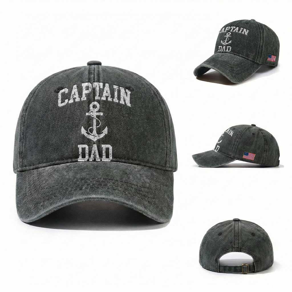 Captain Dad Washed Cotton Baseball Cap Boat Pontoon Father Fishing Sailor