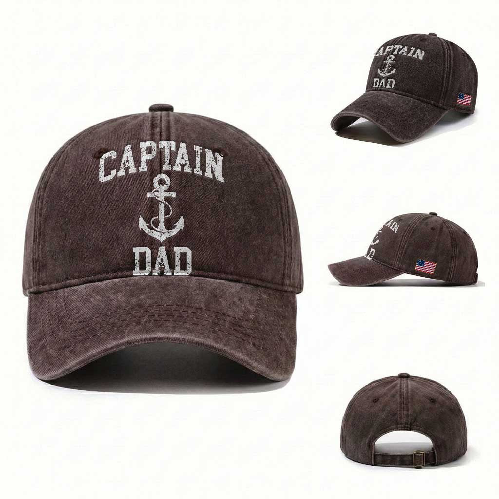 Captain Dad Washed Cotton Baseball Cap Boat Pontoon Father Fishing Sailor