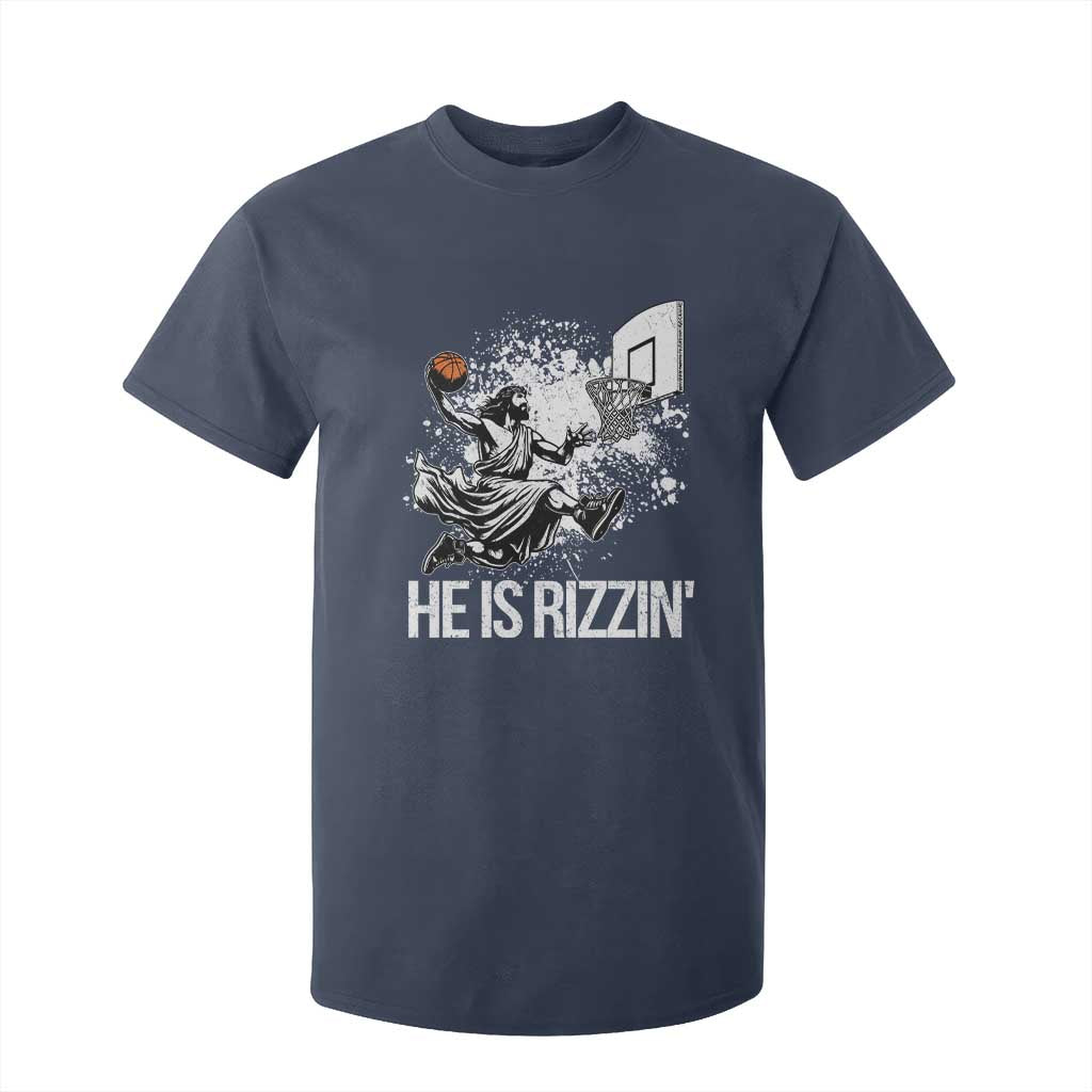 Funny Jesus Basketball T Shirt For Kid He Is Rizzin Sport Player Meme TS11 Navy Print Your Wear