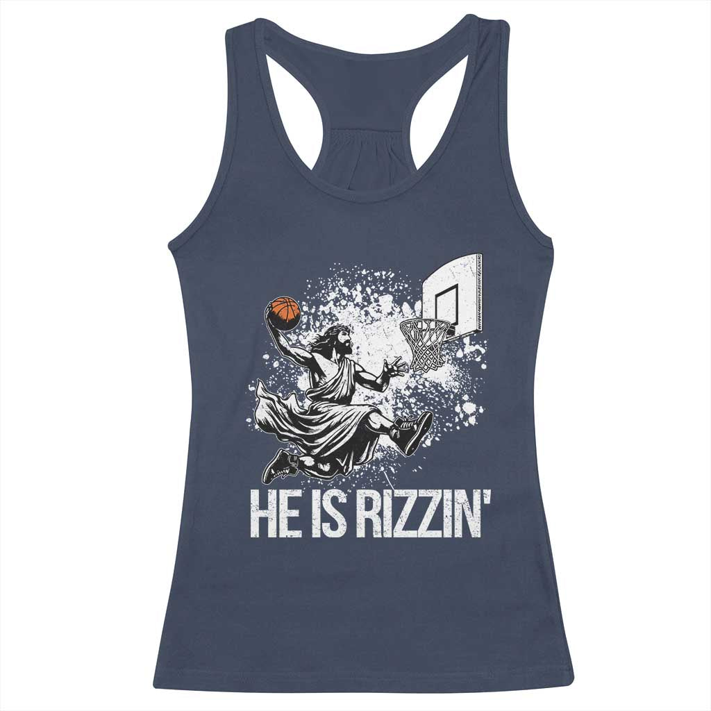 Funny Jesus Basketball Racerback Tank Top He Is Rizzin Sport Player Meme TS11 Navy Print Your Wear