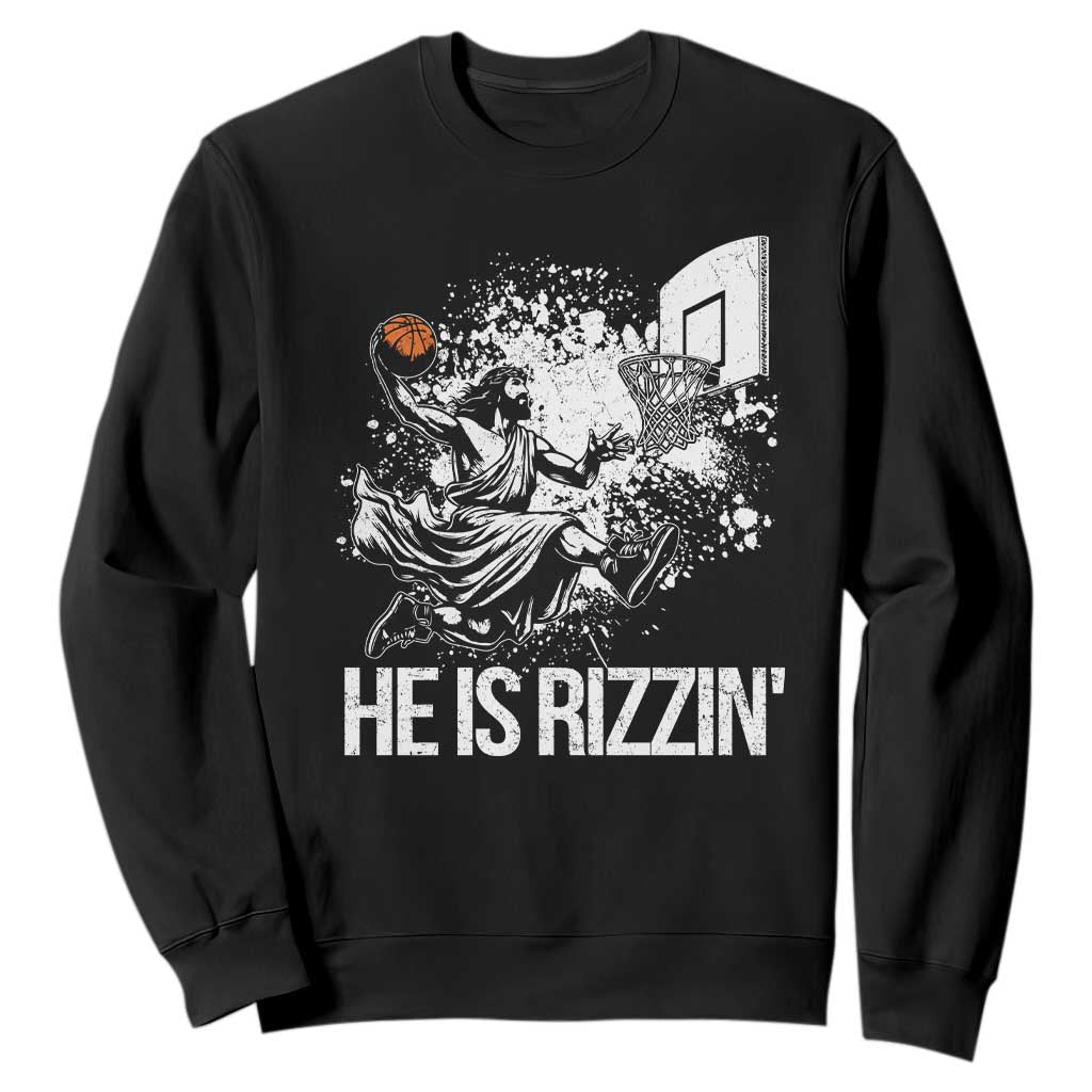 Funny Jesus Basketball Sweatshirt He Is Rizzin Sport Player Meme TS11 Black Print Your Wear