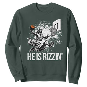 Funny Jesus Basketball Sweatshirt He Is Rizzin Sport Player Meme TS11 Dark Forest Green Print Your Wear