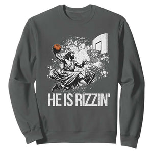 Funny Jesus Basketball Sweatshirt He Is Rizzin Sport Player Meme TS11 Dark Heather Print Your Wear