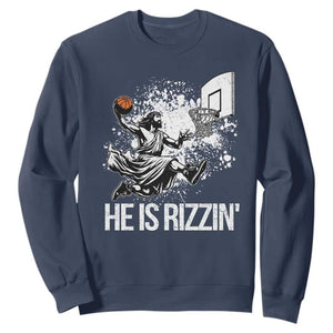 Funny Jesus Basketball Sweatshirt He Is Rizzin Sport Player Meme TS11 Navy Print Your Wear