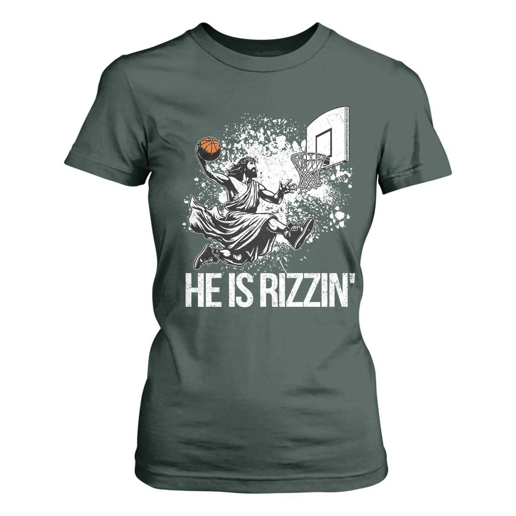 Funny Jesus Basketball T Shirt For Women He Is Rizzin Sport Player Meme TS11 Dark Forest Green Print Your Wear