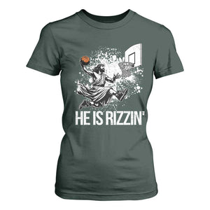 Funny Jesus Basketball T Shirt For Women He Is Rizzin Sport Player Meme TS11 Dark Forest Green Print Your Wear