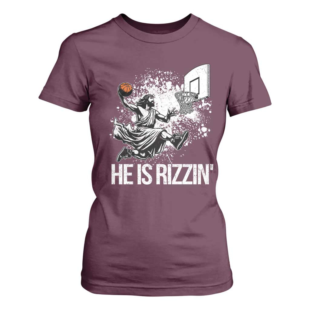 Funny Jesus Basketball T Shirt For Women He Is Rizzin Sport Player Meme TS11 Maroon Print Your Wear