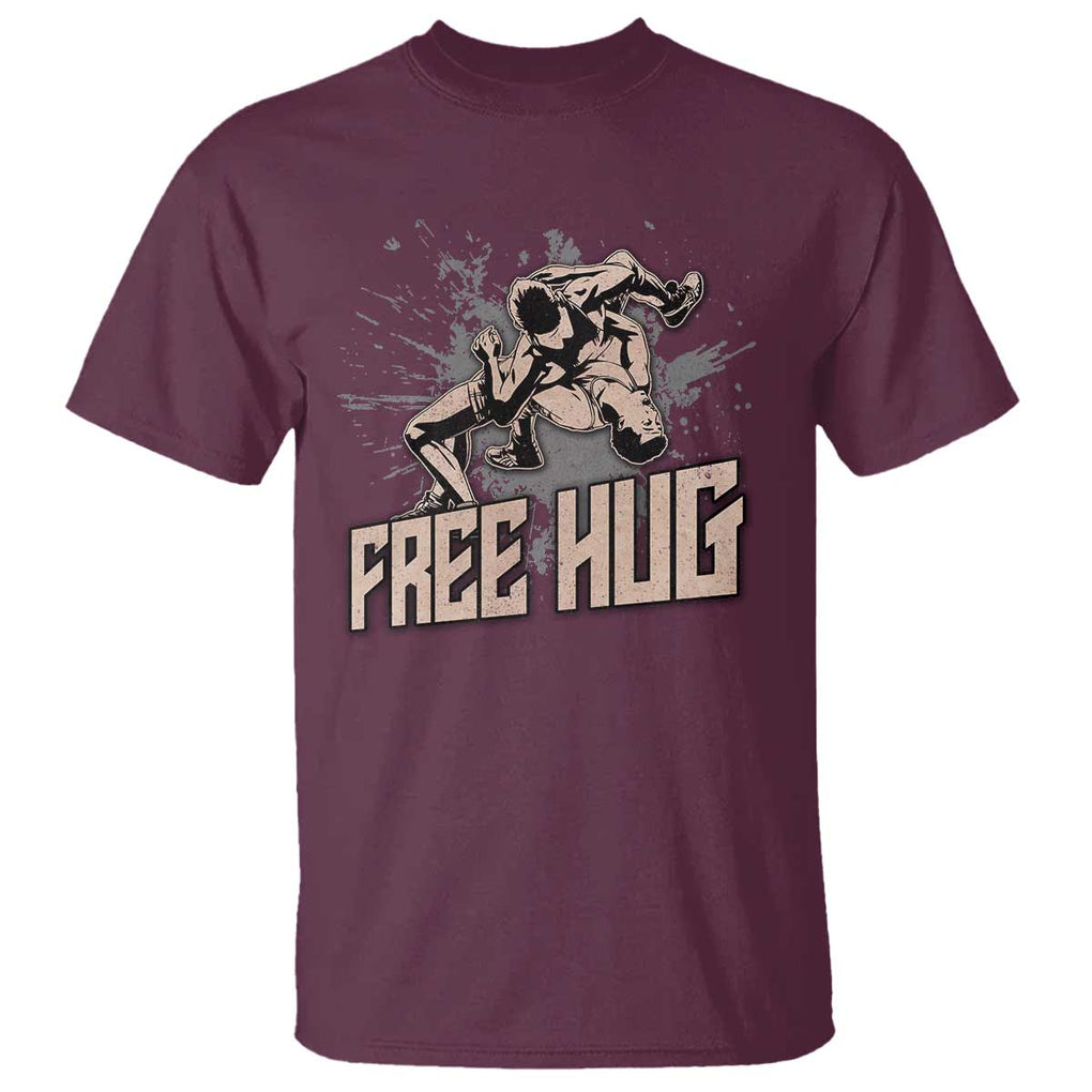 Funny Wrestling T Shirt Free Hug Vintage Wrestler TS11 Maroon Print Your Wear