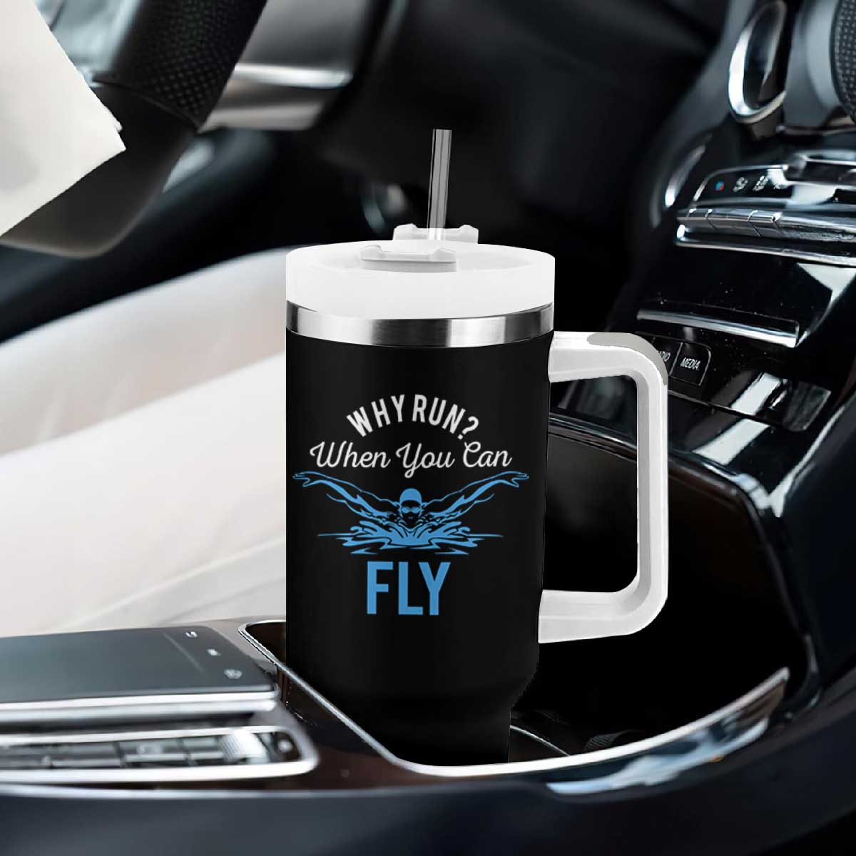 Funny Swimmer Tumbler With Handle Why Run When You Can Fly Pool Swimming Butterfly TS11 Print Your Wear