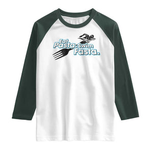 Funny Swimmer Raglan Shirt Eat Pasta Swim Fasta Fork Swimming TS11 White Dark Forest Green Print Your Wear
