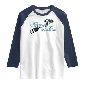 Funny Swimmer Raglan Shirt Eat Pasta Swim Fasta Fork Swimming TS11 White Navy Print Your Wear