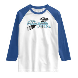 Funny Swimmer Raglan Shirt Eat Pasta Swim Fasta Fork Swimming TS11 White Royal Print Your Wear