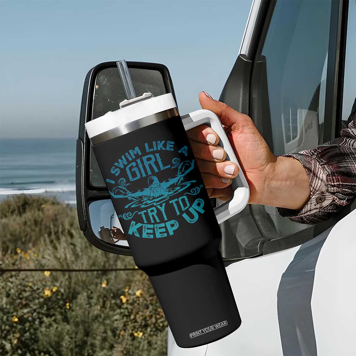 Funny Swimming Tumbler With Handle I Swim Like A Girl Try To Keep Up Swimmer TS11 Print Your Wear