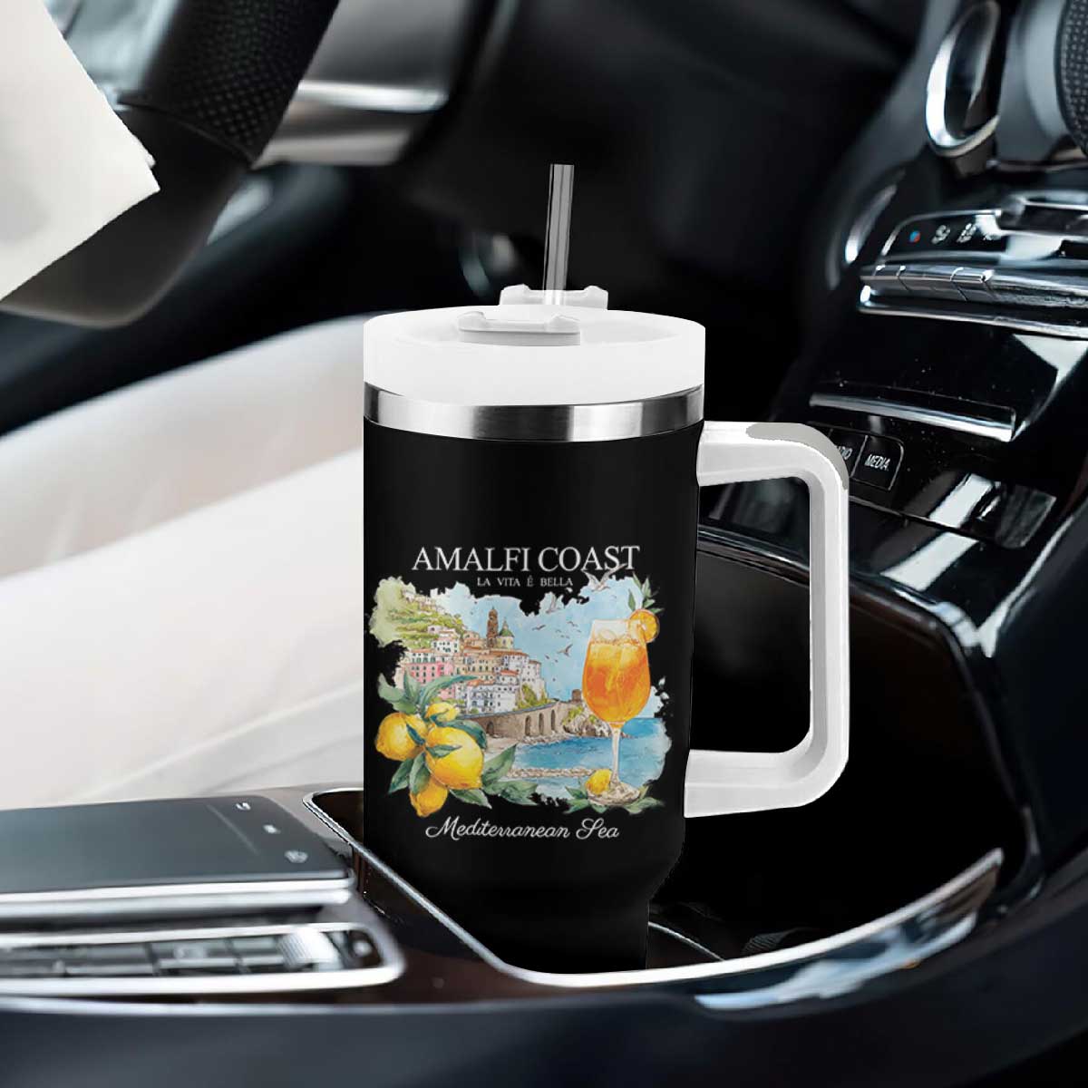 Amalfi Coast Italy Travel Tumbler With Handle La Vita E Bella Lemon Travel Souvenir TS11 Print Your Wear