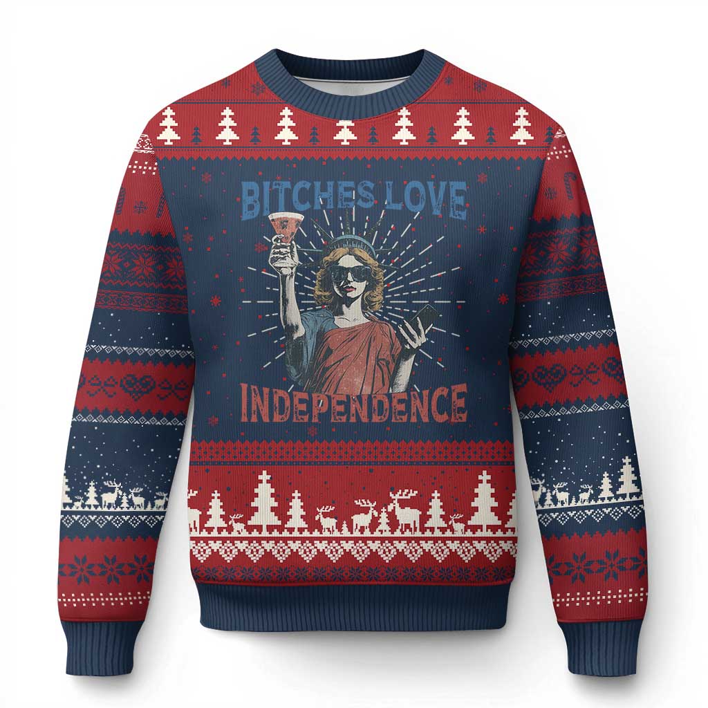 Funny Bitches Love Independence 4th Of July Ugly Christmas Sweater Retro Statue Of Liberty TS11 Navy Red Print Your Wear