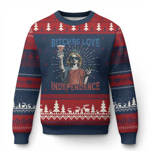 Funny Bitches Love Independence 4th Of July Ugly Christmas Sweater Retro Statue Of Liberty TS11 Navy Red Print Your Wear