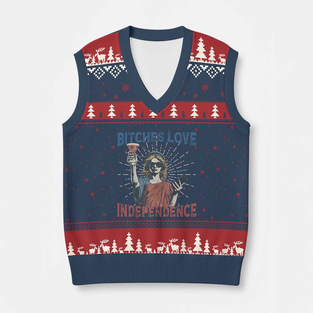 Funny Bitches Love Independence 4th Of July V-Neck Knit Sweater Vest Retro Statue Of Liberty TS11 Navy Red Print Your Wear