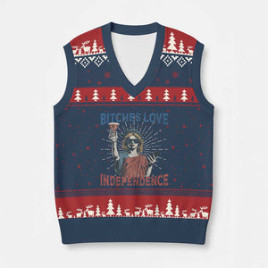 Funny Bitches Love Independence 4th Of July V-Neck Knit Sweater Vest Retro Statue Of Liberty TS11 Navy Red Print Your Wear