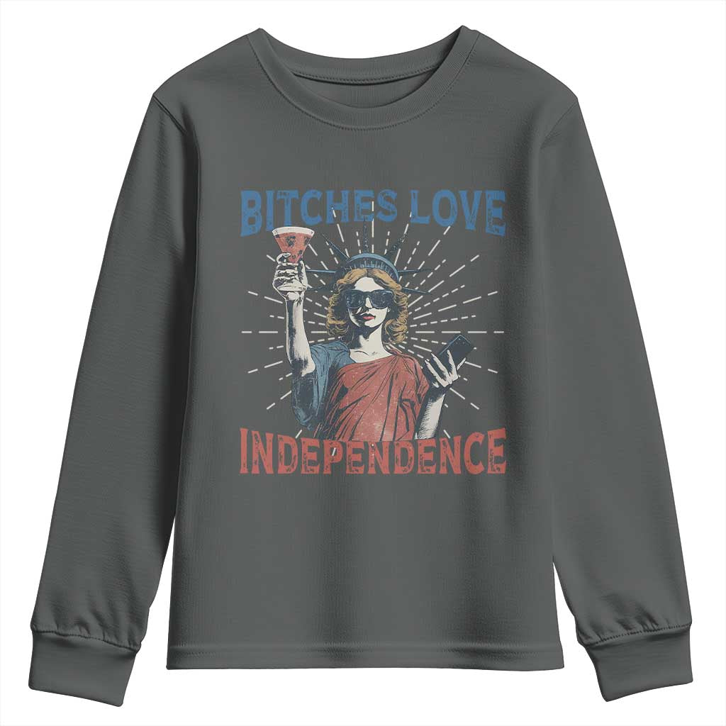 Funny Bitches Love Independence 4th Of July Youth Sweatshirt Retro Statue Of Liberty TS11 Dark Heather Print Your Wear