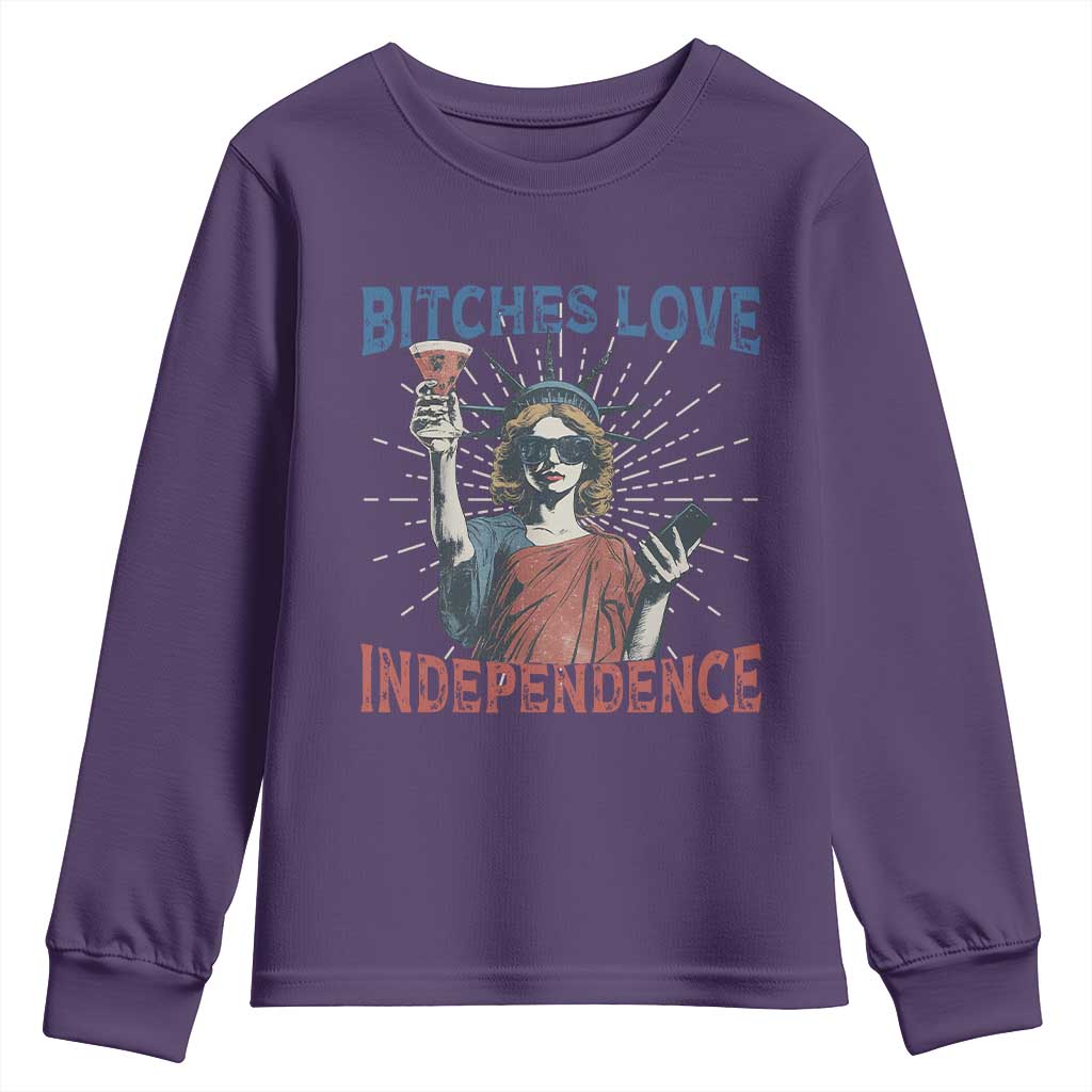 Funny Bitches Love Independence 4th Of July Youth Sweatshirt Retro Statue Of Liberty TS11 Purple Print Your Wear