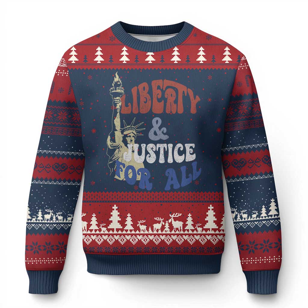 Funny 4th of July Liberty And Justice For All Ugly Christmas Sweater Statue Of Liberty TS11 Navy Red Print Your Wear