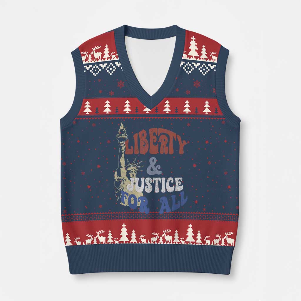 Funny 4th of July Liberty And Justice For All V-Neck Knit Sweater Vest Statue Of Liberty TS11 Navy Red Print Your Wear
