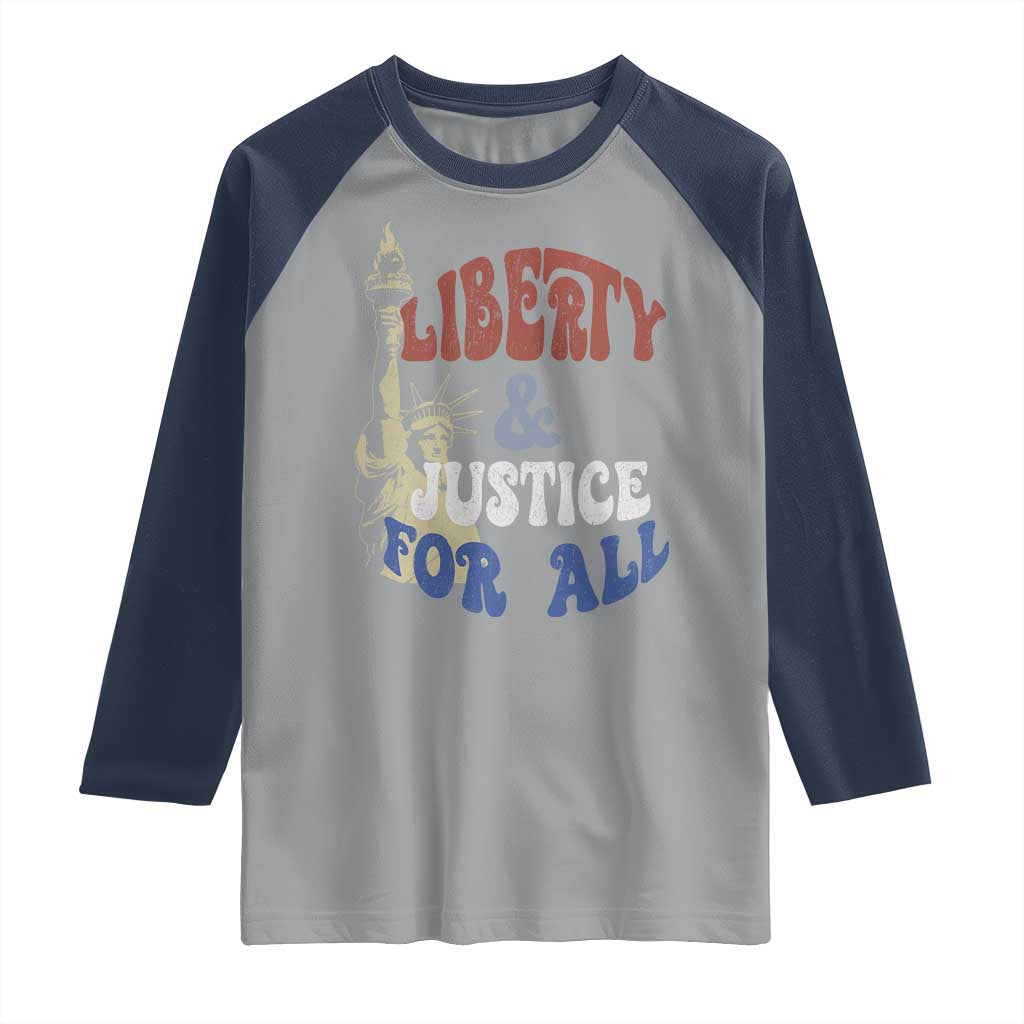 Funny 4th of July Liberty And Justice For All Raglan Shirt Statue Of Liberty TS11 Sport Gray Navy Print Your Wear