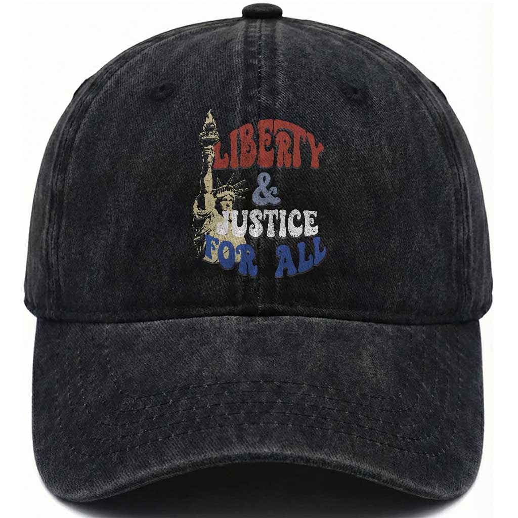 Funny 4th of July Liberty And Justice For All Washed Cotton Baseball Cap Statue Of Liberty TS11 Washed Cap Universal Fit Black Print Your Wear