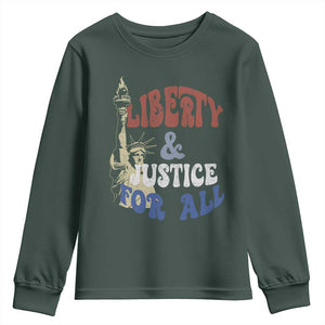 Funny 4th of July Liberty And Justice For All Youth Sweatshirt Statue Of Liberty TS11 Dark Forest Green Print Your Wear