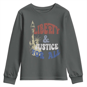 Funny 4th of July Liberty And Justice For All Youth Sweatshirt Statue Of Liberty TS11 Dark Heather Print Your Wear
