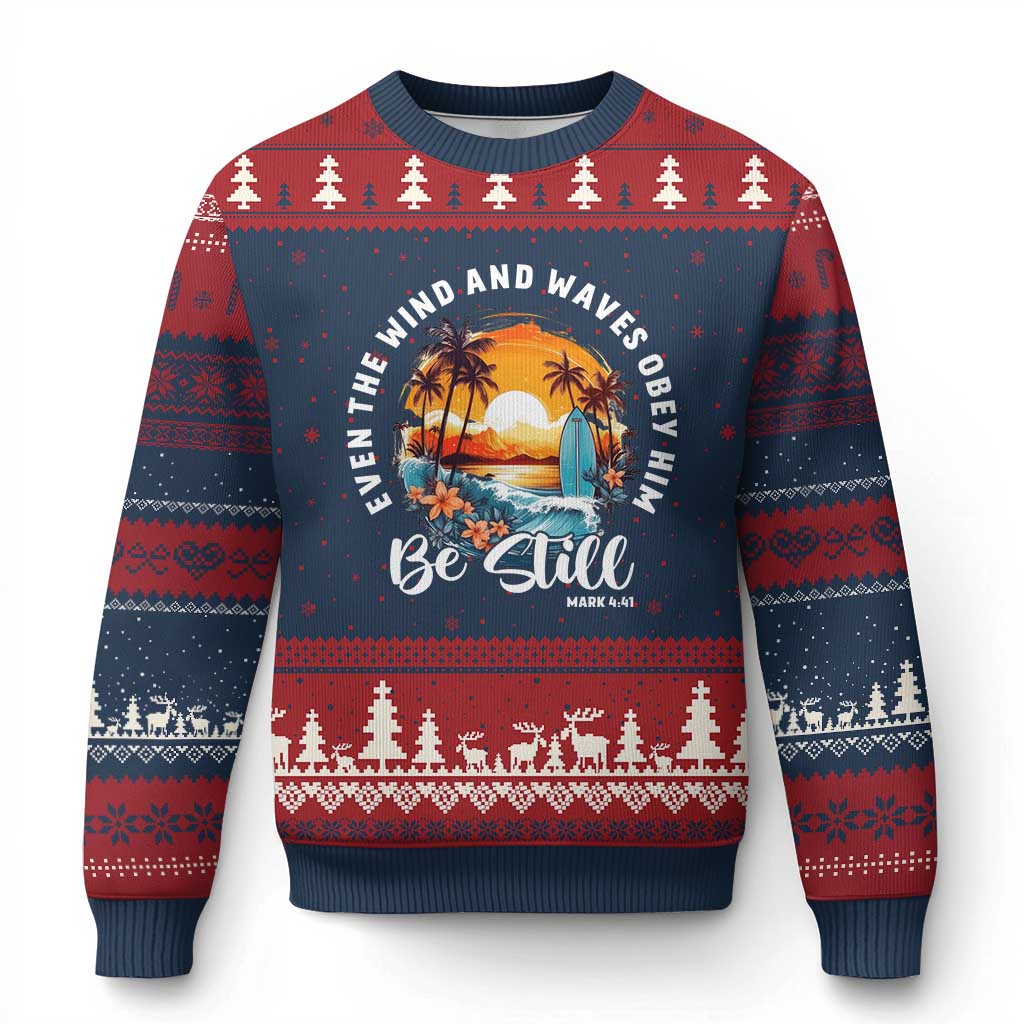 Even The Wind And Waves Obey Him Be Still Ugly Christmas Sweater Christian Bible Verse Summer Vacation TS11 Navy Red Print Your Wear