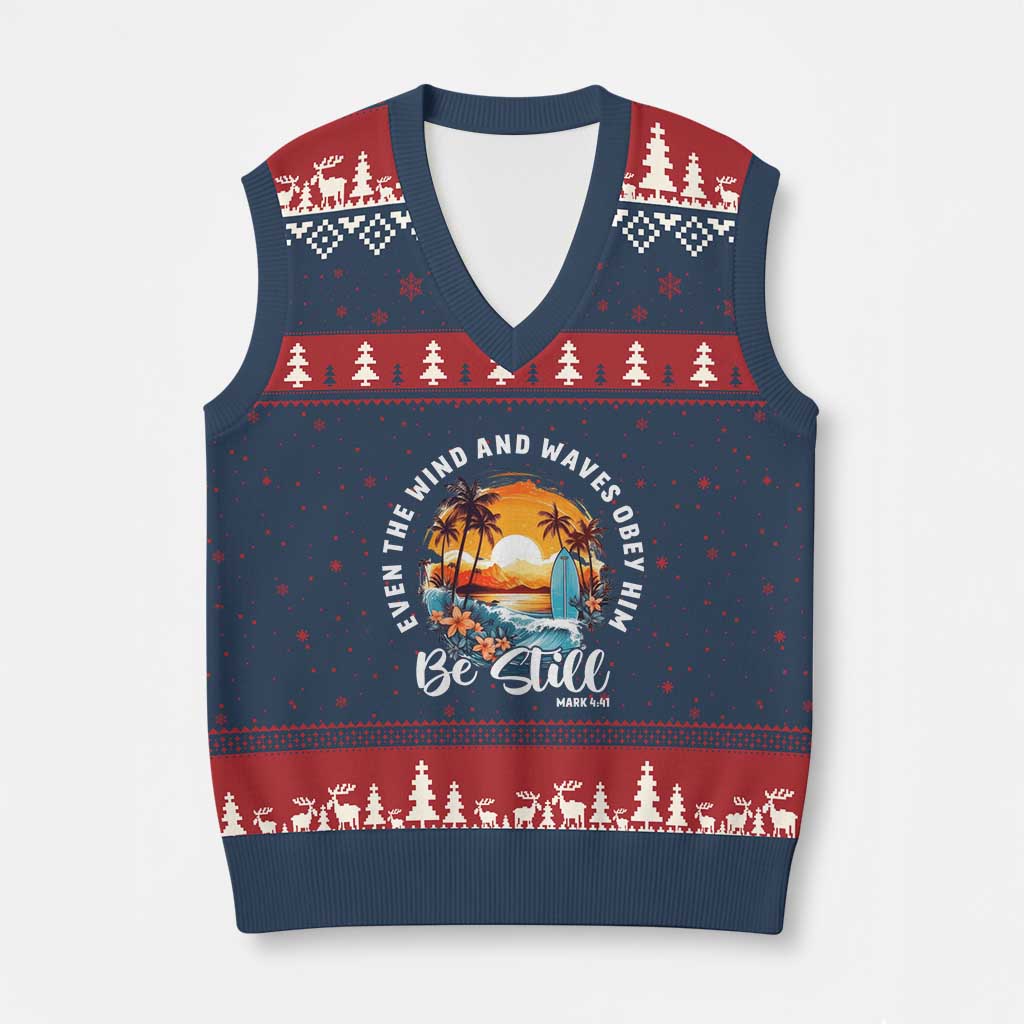 Even The Wind And Waves Obey Him Be Still V-Neck Knit Sweater Vest Christian Bible Verse Summer Vacation TS11 Navy Red Print Your Wear