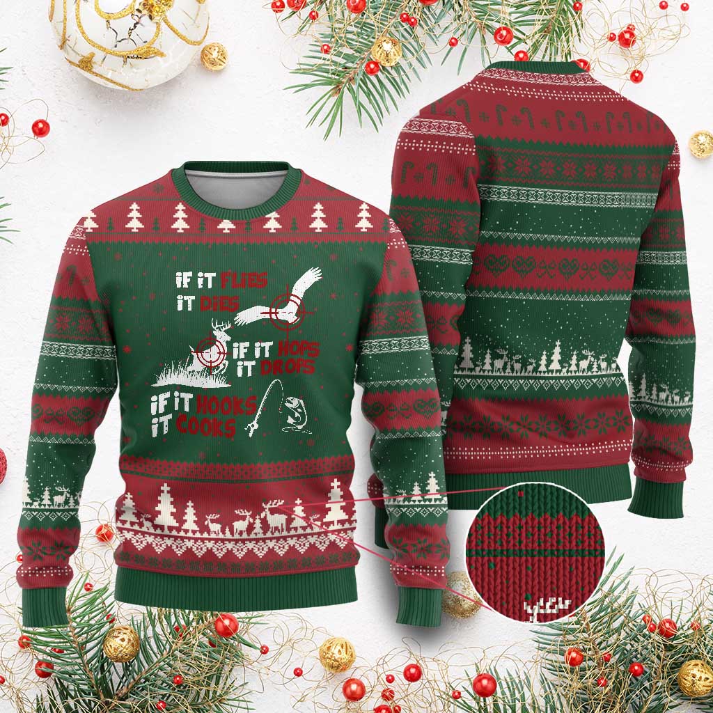 Funny Fishing Hunting Ugly Christmas Sweater If It Flies It Dies If It Hops It Drops If It Hooks It Cooks TS11 Red Green Print Your Wear