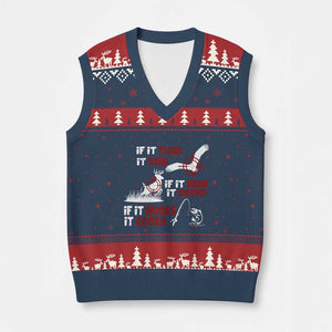 Funny Fishing Hunting V-Neck Knit Sweater Vest If It Flies It Dies If It Hops It Drops If It Hooks It Cooks TS11 Navy Red Print Your Wear