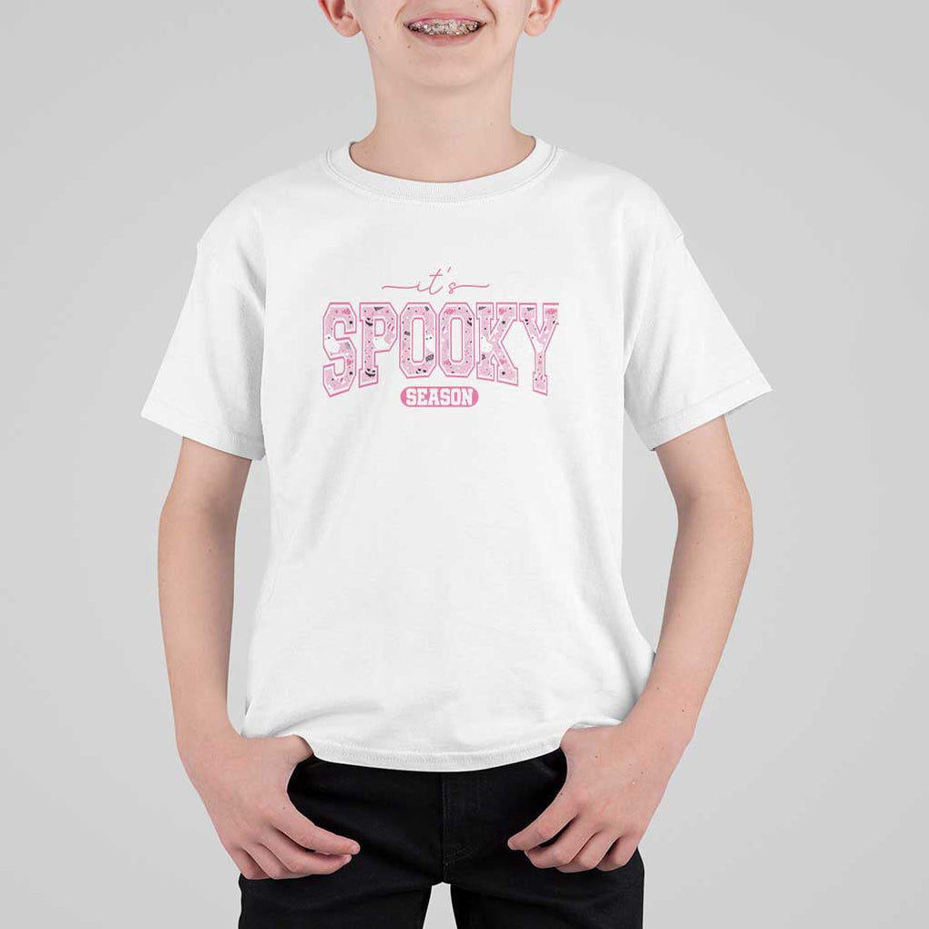 Funny Halloween T Shirt For Kid It's Spooky Season Pink Pumpkin Cute Cat TS11 White Print Your Wear