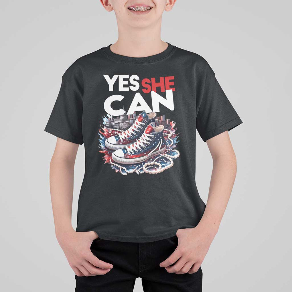 Harris 2024 T Shirt For Kid Yes She Can Chucks And Pearls American Flag TS11 Black Print Your Wear