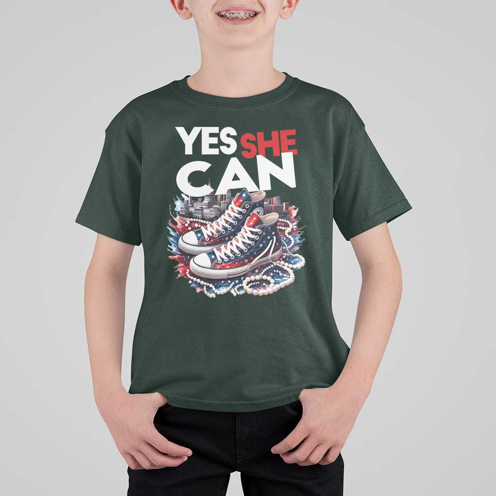 Harris 2024 T Shirt For Kid Yes She Can Chucks And Pearls American Flag TS11 Dark Forest Green Print Your Wear