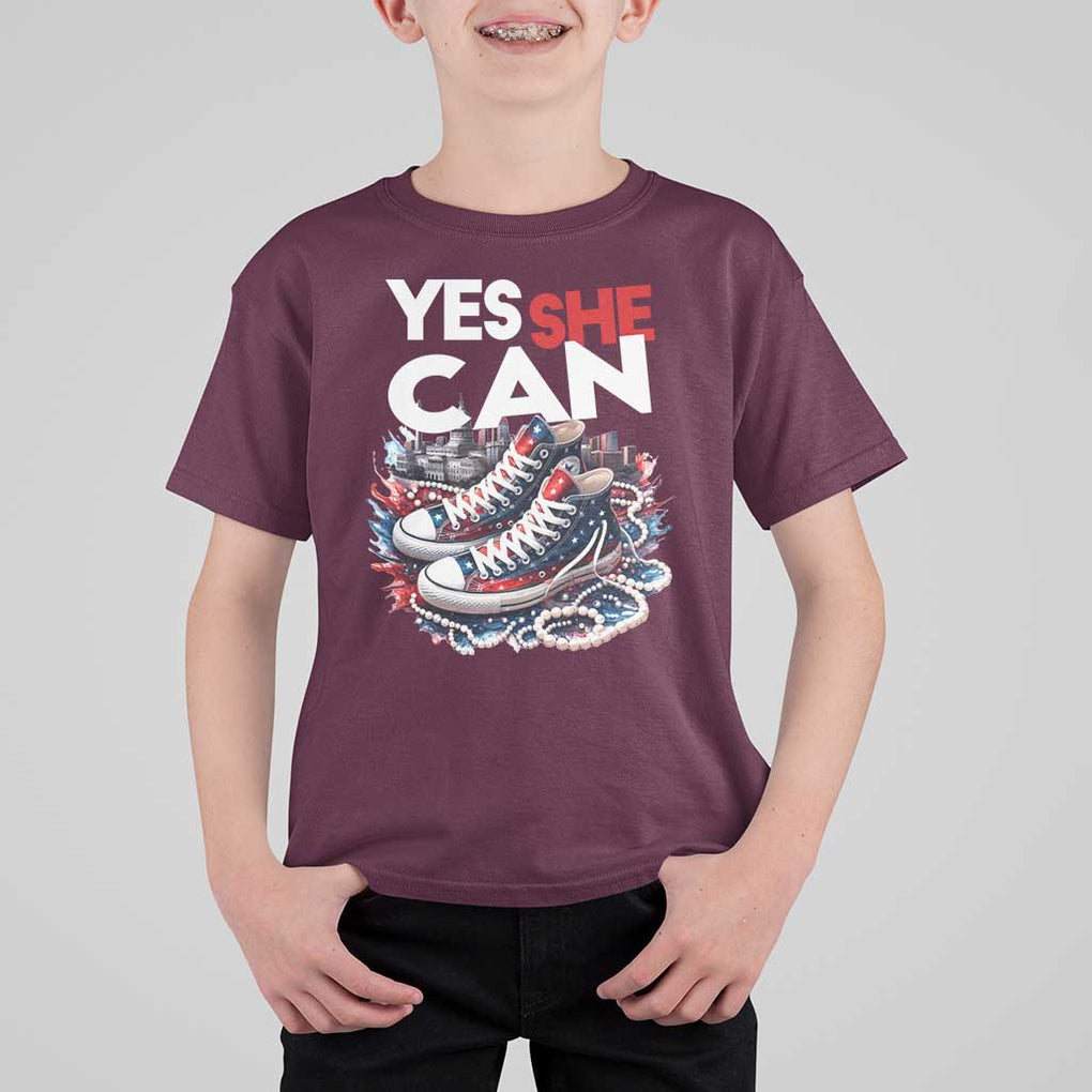 Harris 2024 T Shirt For Kid Yes She Can Chucks And Pearls American Flag TS11 Maroon Print Your Wear