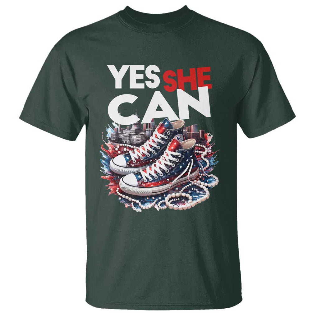 Harris 2024 T Shirt Yes She Can Chucks And Pearls American Flag TS11 Dark Forest Green Print Your Wear
