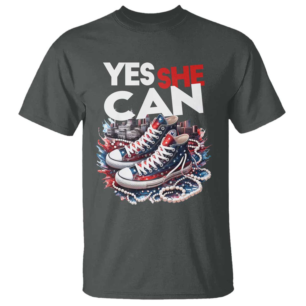 Harris 2024 T Shirt Yes She Can Chucks And Pearls American Flag TS11 Dark Heather Print Your Wear