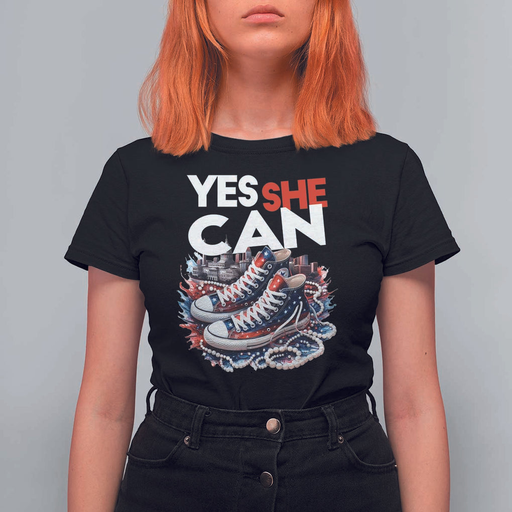 Harris 2024 T Shirt For Women Yes She Can Chucks And Pearls American Flag TS11 Black Print Your Wear