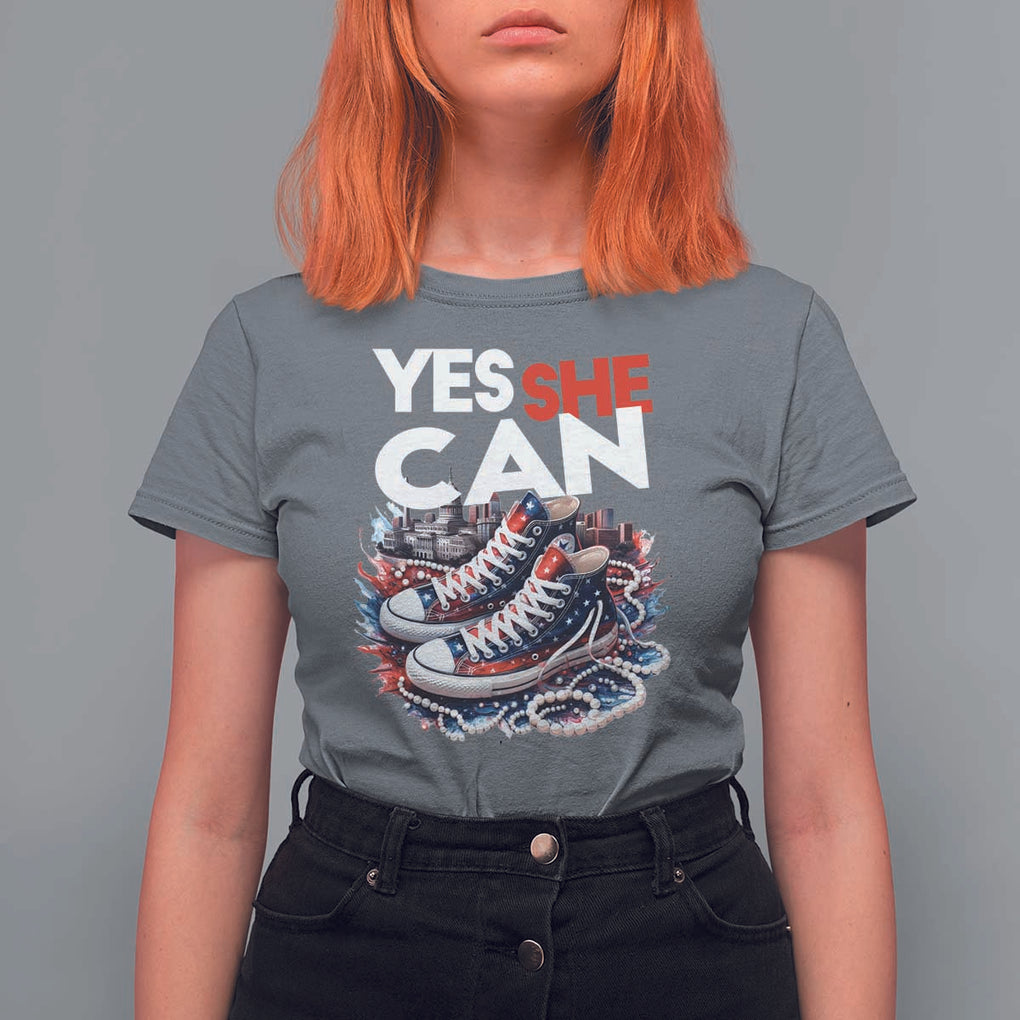 Harris 2024 T Shirt For Women Yes She Can Chucks And Pearls American Flag TS11 Charcoal Print Your Wear