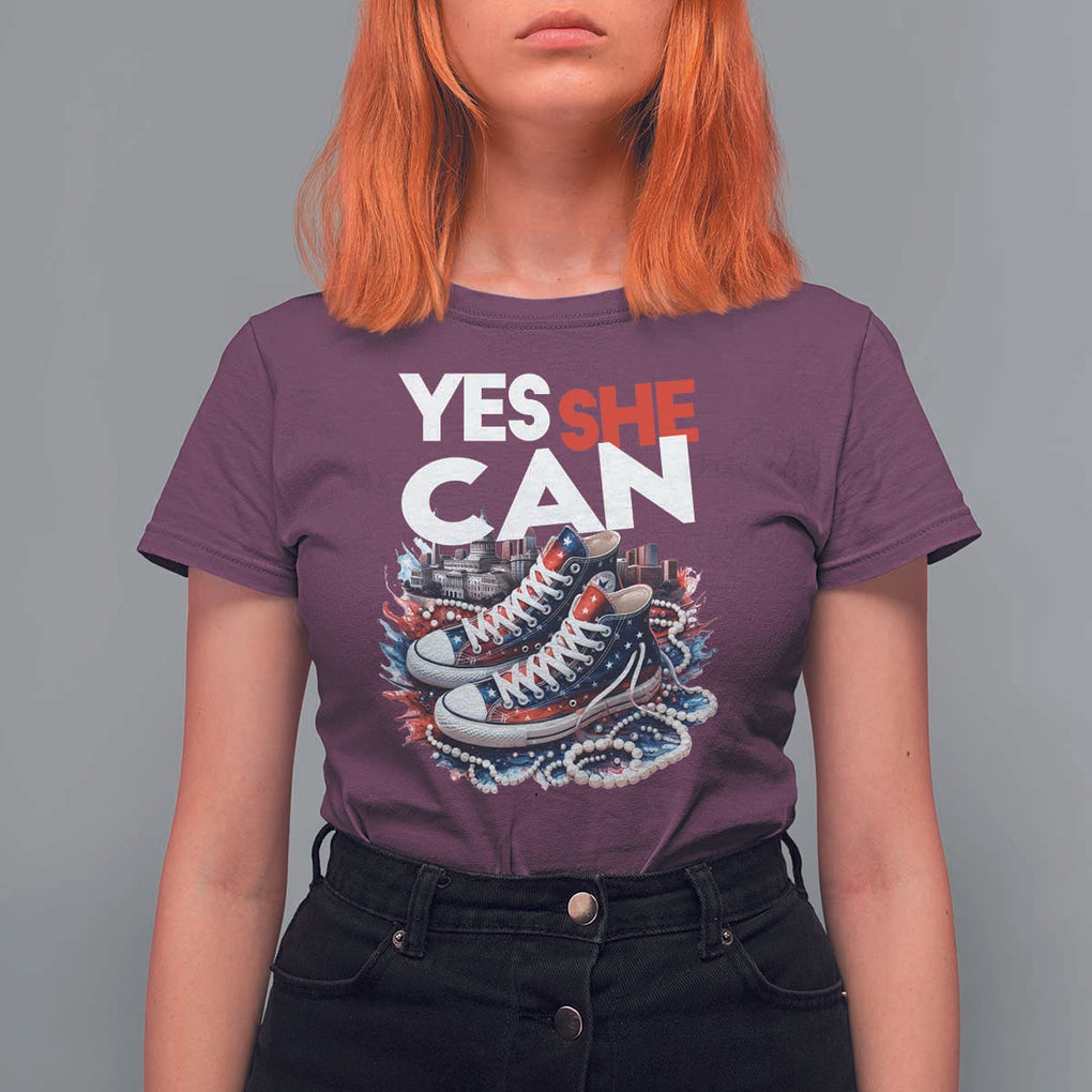 Harris 2024 T Shirt For Women Yes She Can Chucks And Pearls American Flag TS11 Maroon Print Your Wear