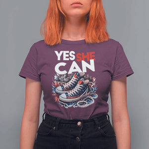 Harris 2024 T Shirt For Women Yes She Can Chucks And Pearls American Flag TS11 Maroon Print Your Wear