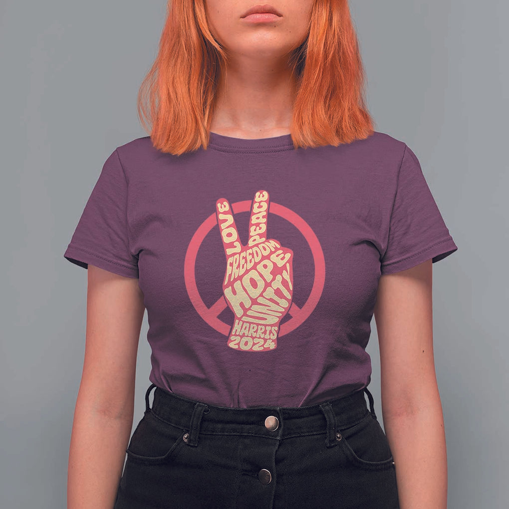 Harris 2024 T Shirt For Women Love Peace Freedom Hope Unity Peace Sign TS11 Maroon Print Your Wear