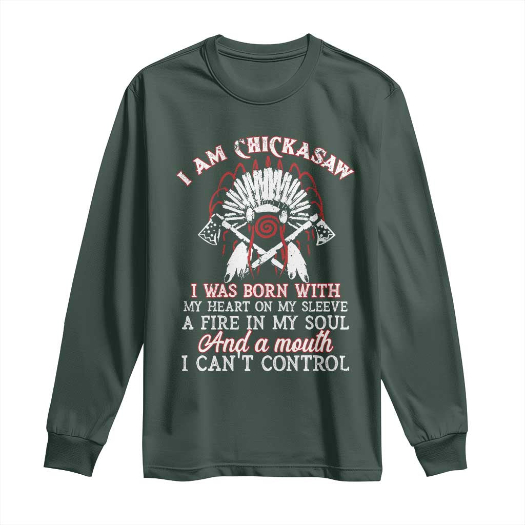 Chickasaw Indians Long Sleeve Shirt I Am Chickasaw I Was Born With My Heart On My Sleeve War Bonnet TS11 Dark Forest Green Print Your Wear