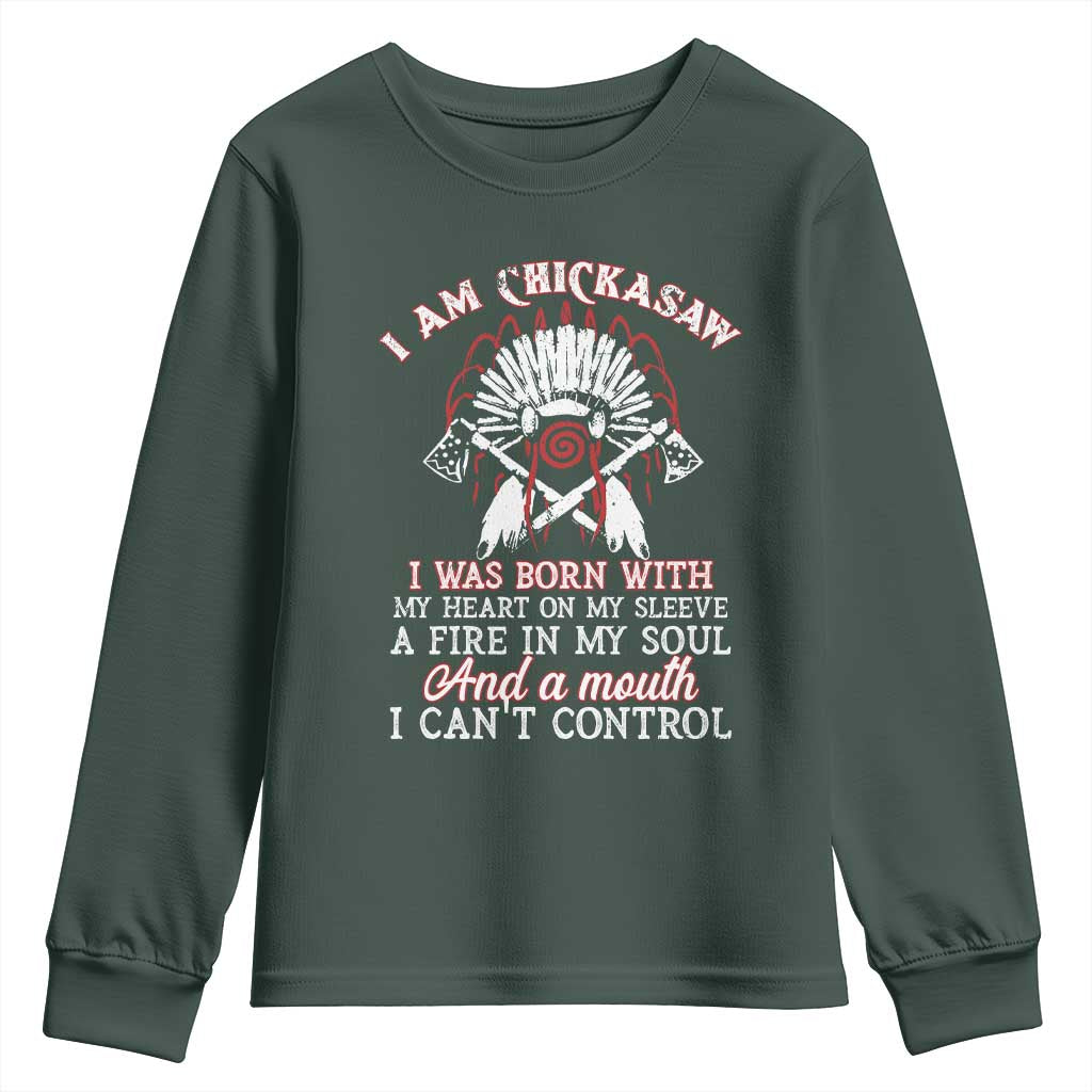 Chickasaw Indians Youth Sweatshirt I Am Chickasaw I Was Born With My Heart On My Sleeve War Bonnet TS11 Dark Forest Green Print Your Wear